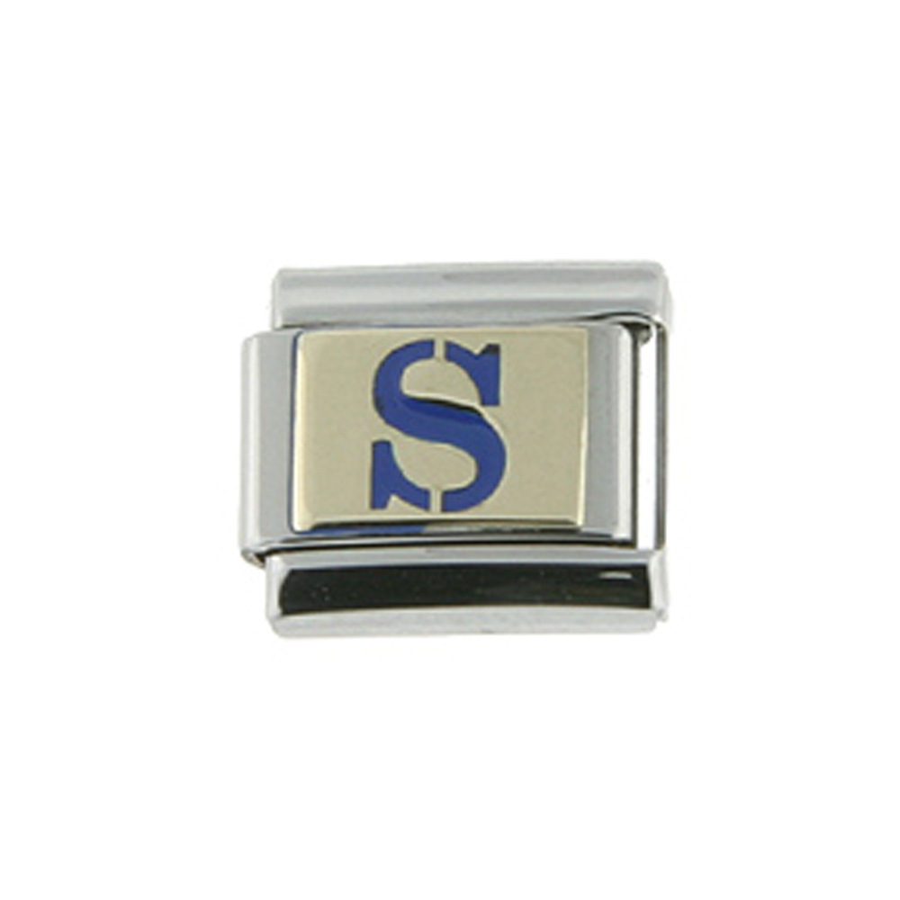 Stainless Steel 18k Gold Italian Charm Initial Letter S for Italian Charm Bracelets Blue Enamel