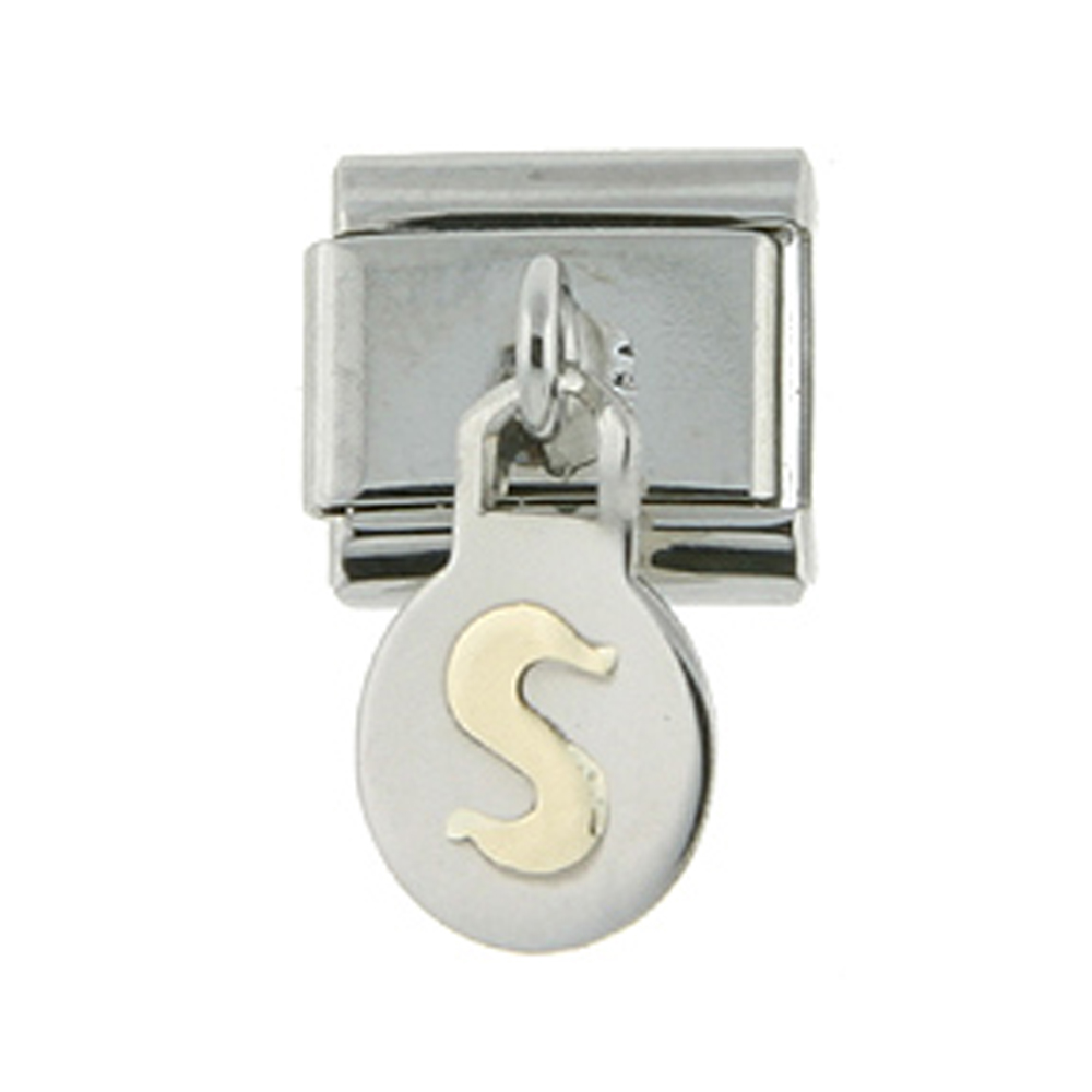 Stainless Steel 18k Gold Hanging Italian Charm Initial Letter S for Italian Charm Bracelets