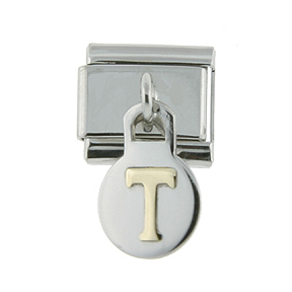 Stainless Steel 18k Gold Hanging Italian Charm Initial Letter T for Italian Charm Bracelets