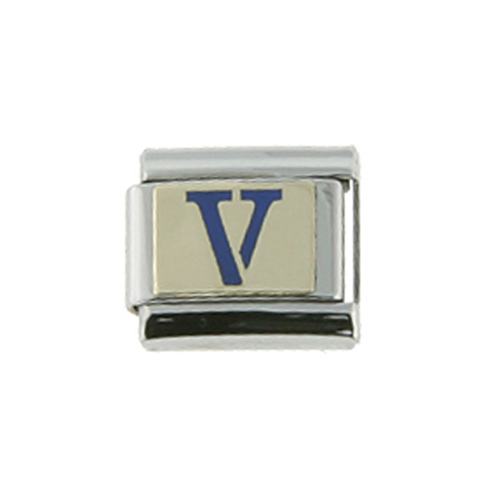 Stainless Steel 18k Gold Italian Charm Initial Letter V for Italian Charm Bracelets Blue Enamel