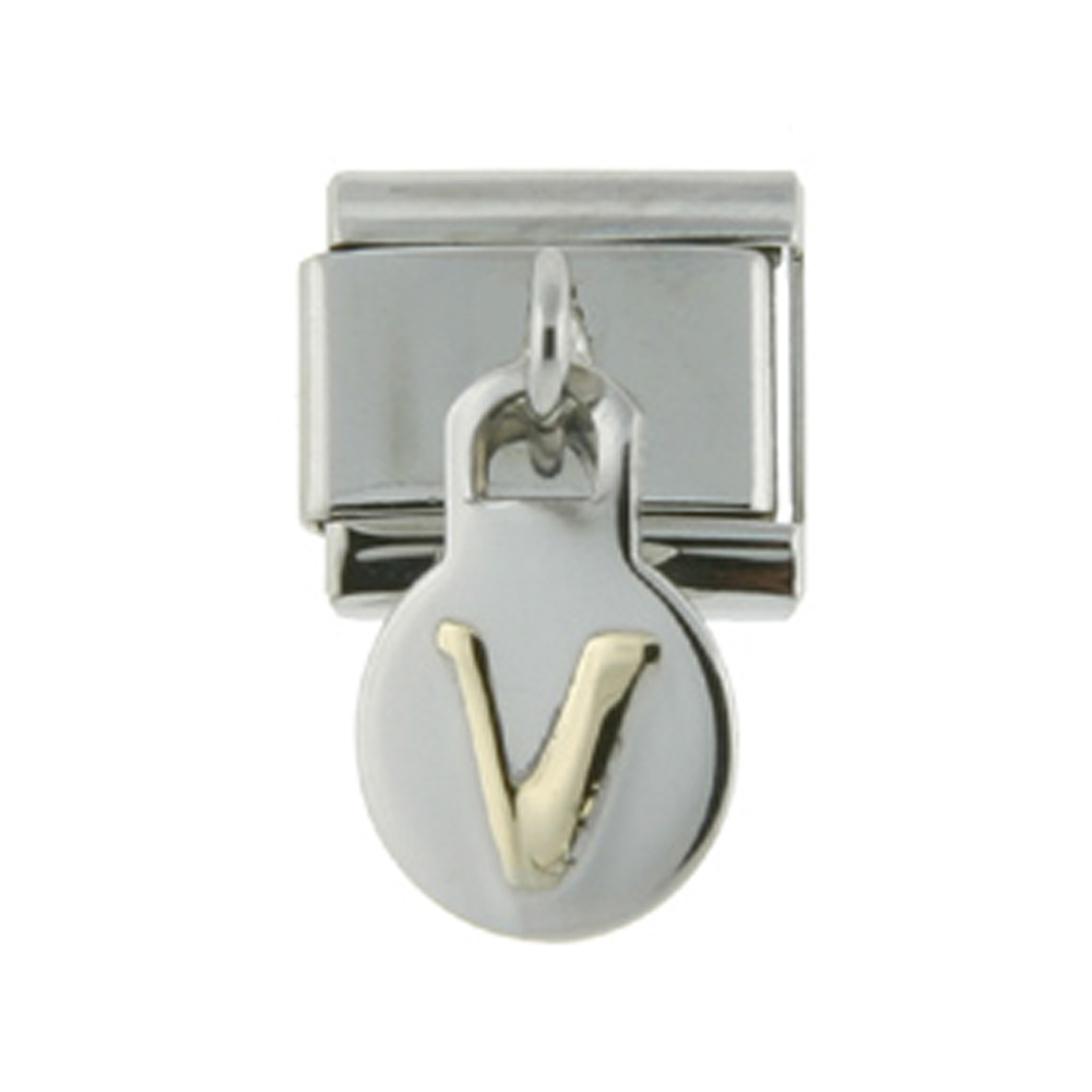 Stainless Steel 18k Gold Hanging Italian Charm Initial Letter V for Italian Charm Bracelets