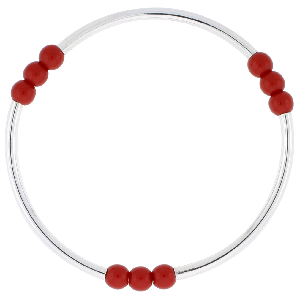 Sterling Silver Stretch Bangle, 3 Section Triple Coral Color Beads