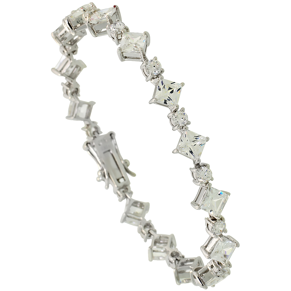 Sterling Silver 8.5 ct. size Alternating Square & Round Cubic Zirconia Bracelet, 5/16 inch wide