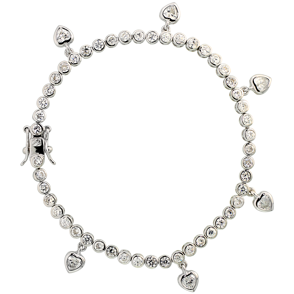 Sterling Silver 4.25 ct. size CZ Tennis Bracelet/Necklace with Dangling Hearts, 1/8 inch wide, 7, 16, 18 inches long