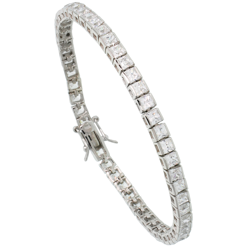 Sterling Silver 9 ct. size Princess Cut CZ Tennis Bracelet, 1/8 inch wide