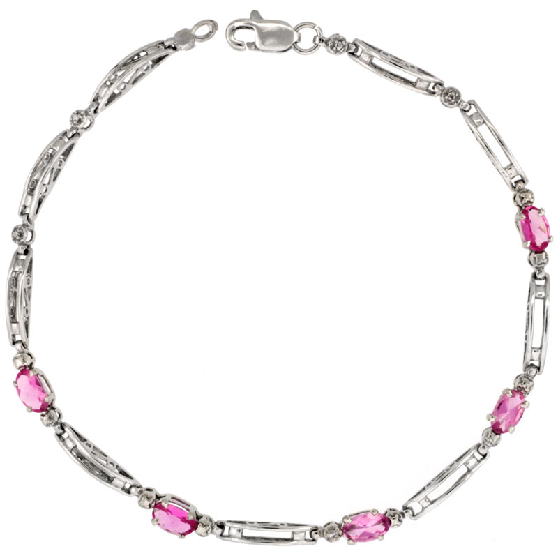 10k White Gold Out Bar Tennis Bracelet 0.05 ct Diamonds & 1.25 ct Oval Pink Topaz, 1/8 inch wide