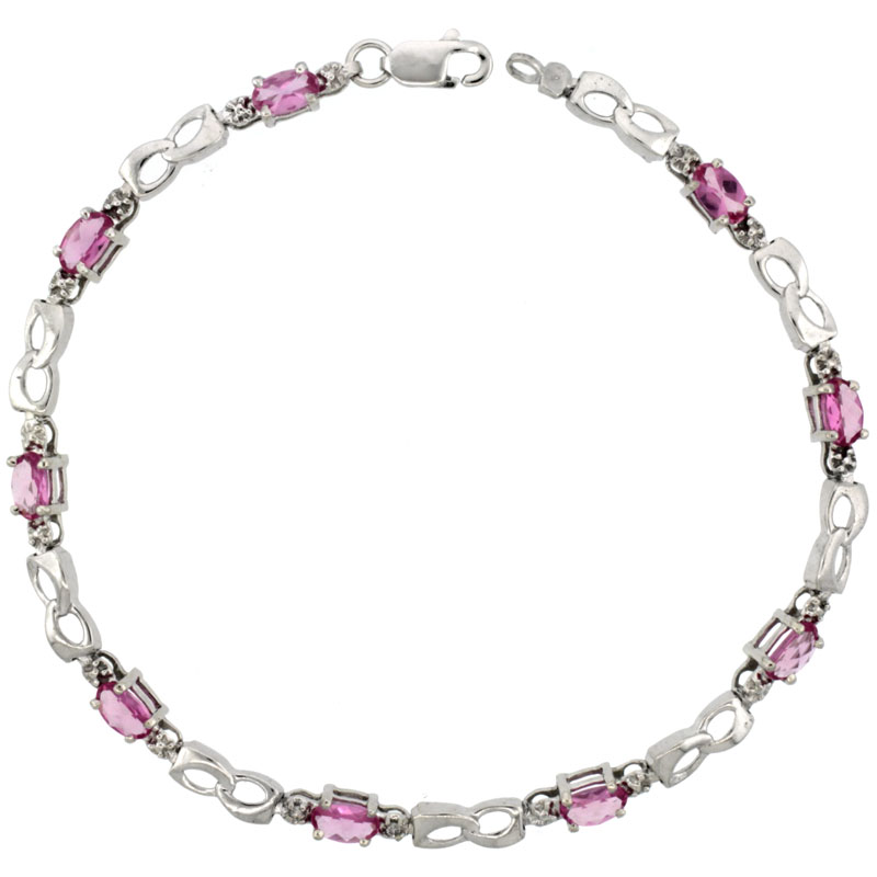 10k White Gold Double Loop Tennis Bracelet 0.05 ct Diamonds & 2.25 ct Oval Pink Topaz, 1/8 inch wide