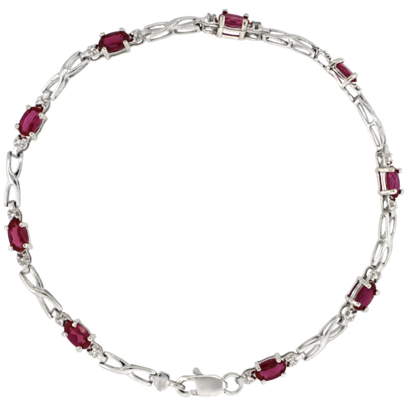 10k White Gold XOXO Hugs & Kisses Tennis Bracelet 0.05 ct Diamonds & 2.25 ct Oval Created Ruby, 1/8 inch wide