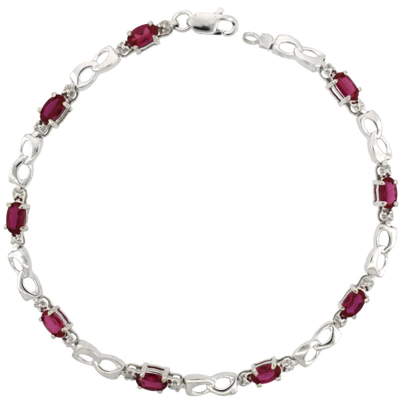 10k White Gold Double Loop Tennis Bracelet 0.05 ct Diamonds &amp; 2.25 ct Oval Created Ruby, 1/8 inch wide