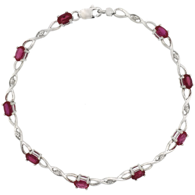 10k White Gold Braided Loop Tennis Bracelet 0.05 ct Diamonds &amp; 2.25 ct Oval Created Ruby, 1/8 inch wide