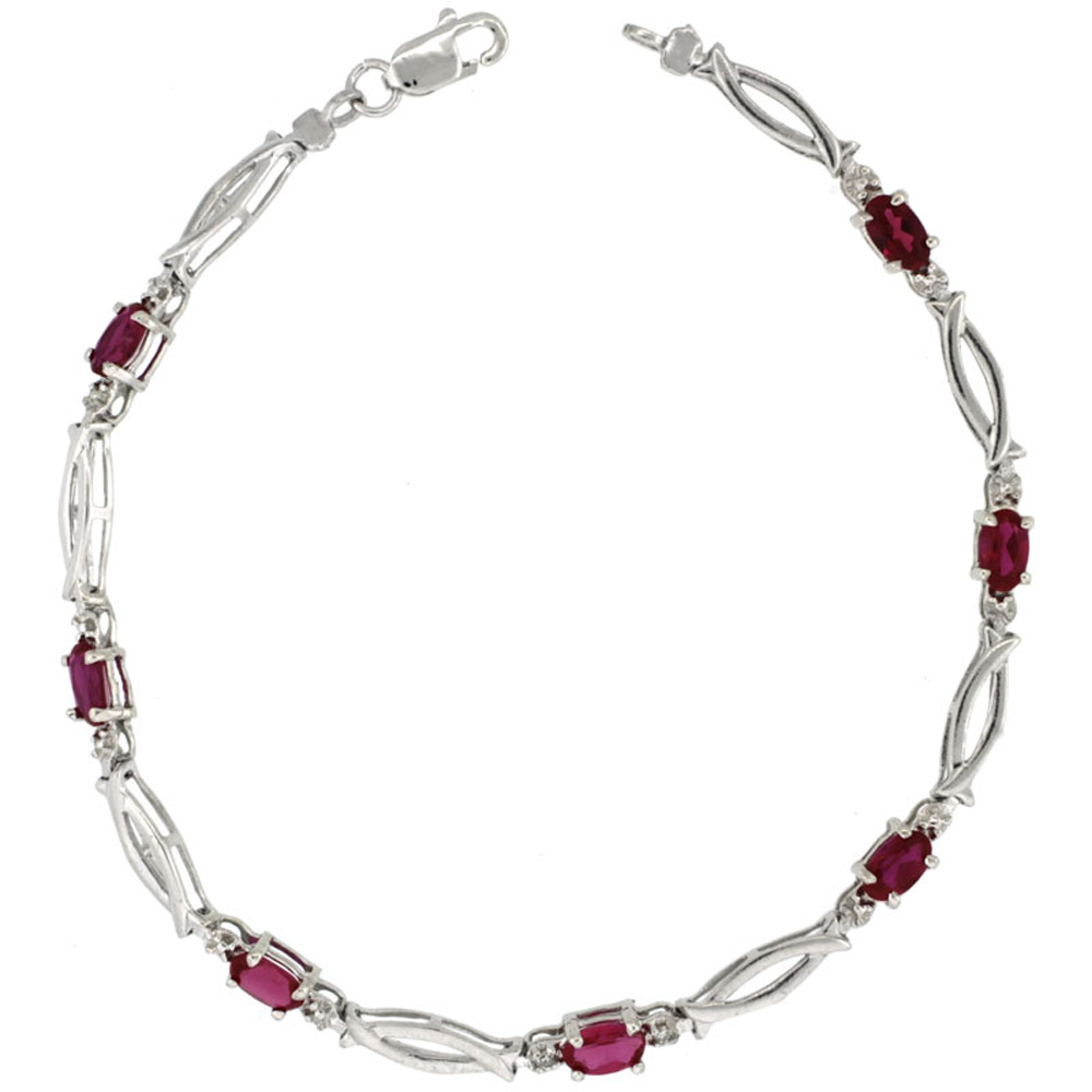 10k White Gold Christian Fish Tennis Bracelet 0.05 ct Diamonds &amp; 1.75 ct Oval Created Ruby, 1/8 inch wide