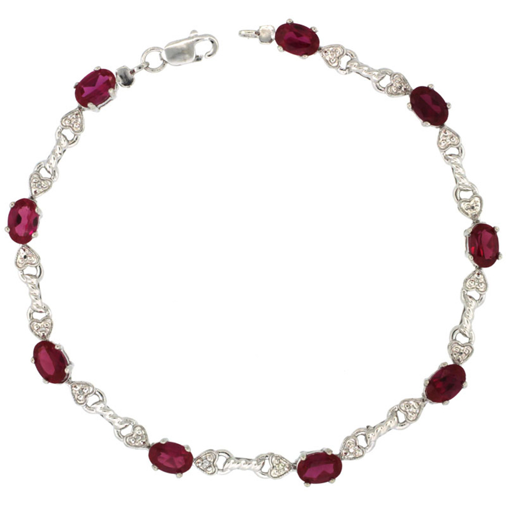 10k White Gold Braided Heart Tennis Bracelet 0.02 ct Diamonds & 4.50 ct Oval Created Ruby, 3/16 inch wide