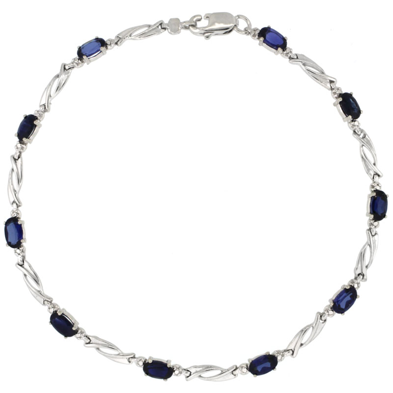 10k White Gold Swirl Tennis Bracelet 0.05 ct Diamonds & 2.50 ct Oval Created Blue Sapphire, 1/8 inch wide