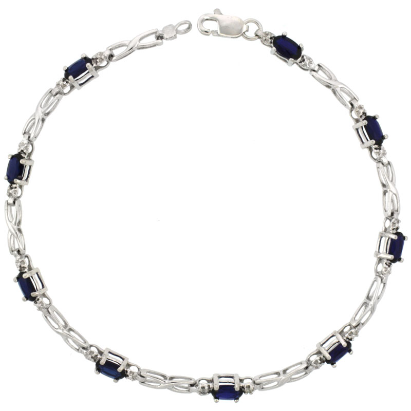 10k White Gold XOXO Hugs & Kisses Tennis Bracelet 0.05 ct Diamonds & 2.25 ct Oval Created Blue Sapphire, 1/8 inch wide