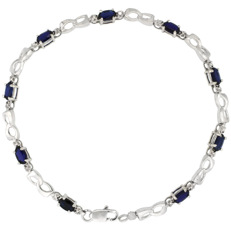 10k White Gold Double Loop Tennis Bracelet 0.05 ct Diamonds & 2.25 ct Oval Created Blue Sapphire, 1/8 inch wide