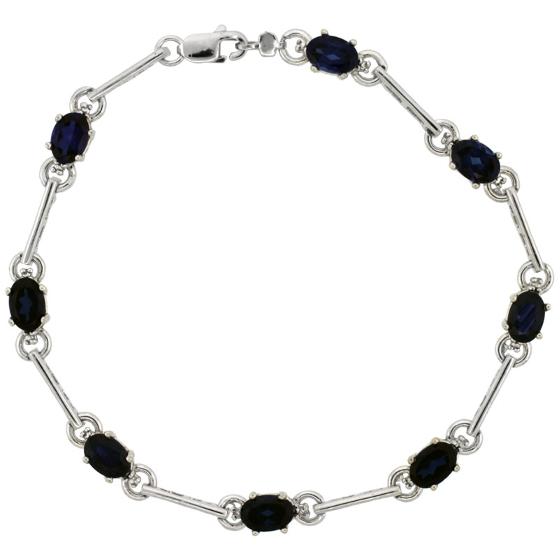 10k White Gold Dash Bar Tennis Bracelet 0.05 ct Diamonds & 4.0 ct Oval Created Blue Sapphire, 3/16 inch wide