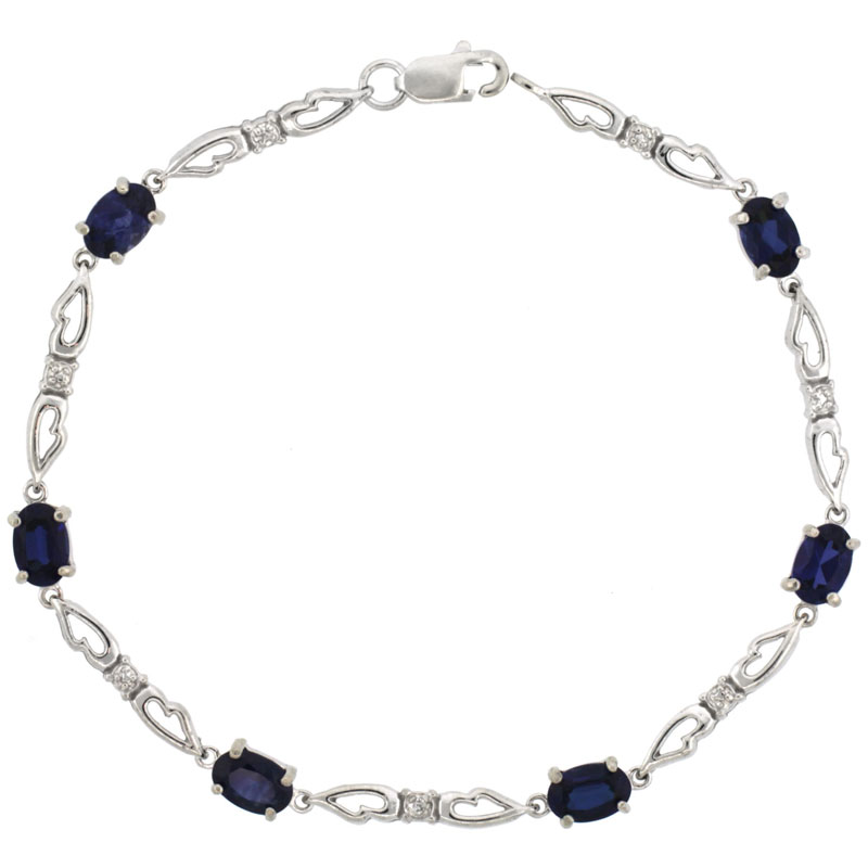 10k White Gold Double Fancy Heart Tennis Bracelet 0.05 ct Diamonds & 3.0 ct Oval Created Blue Sapphire, 3/16 inch wide
