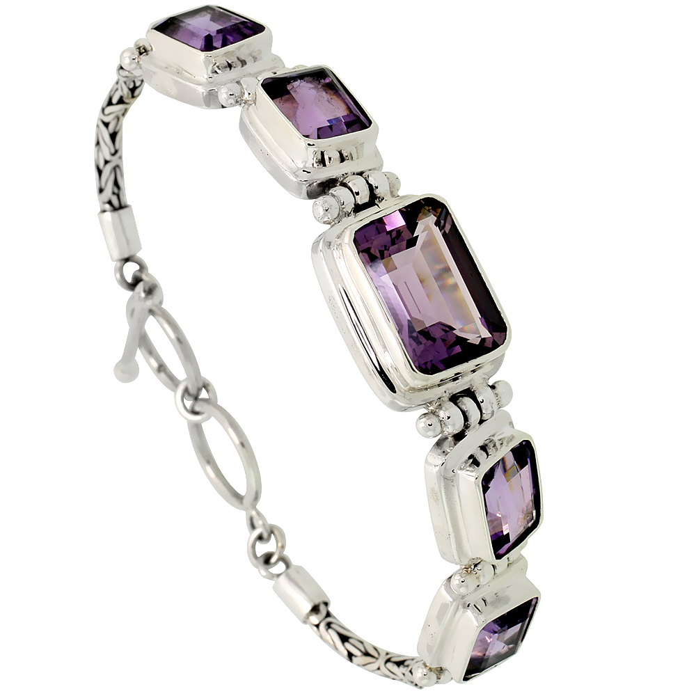 Sterling Silver Bali Style Byzantine Toggle Bracelet, w/ 15x10mm &amp; four 10x8mm Emerald Cut Natural Amethyst Stones, 1/2&quot; (13 mm) wide