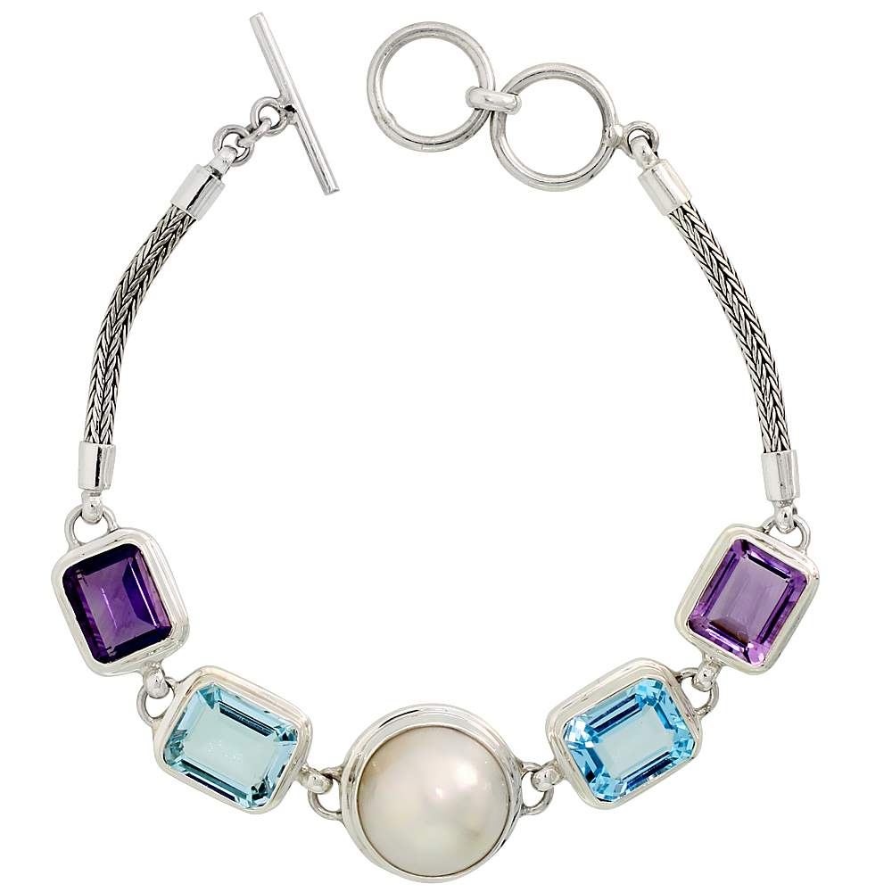 Sterling Silver Bali Style Byzantine Toggle Bracelet, w/ Pearl, two 12x10mm Emerald Cut Natural Blue Topaz Stones & two 11x9mm Emerald Cut Natural Amethyst Stones, 11/16" (17 mm) wide