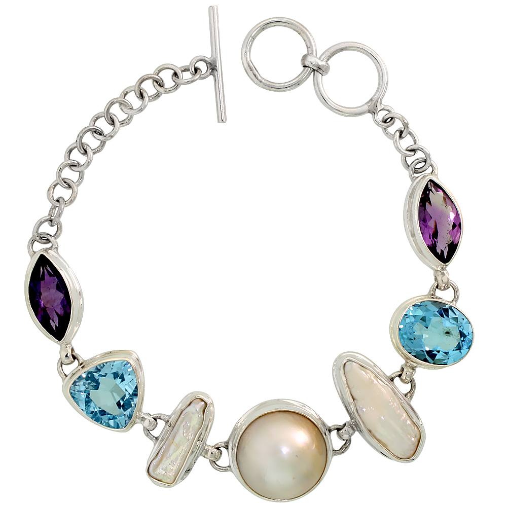 Sterling Silver Toggle Bracelet, w/ Pearl, Trillion Cut (12 mm) & Oval Cut 12x10mm Blue Topaz, & two 15x8mm Marquise Cut Amethyst (ALL NATURAL STONES), 11/16" (17 mm) wide