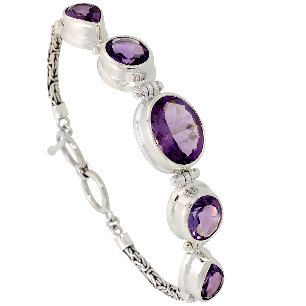 Sterling Silver Bali Style Byzantine Toggle Bracelet, w/ one Oval Cut 17x13mm, two Oval Cut 13x11mm, two Pear Cut 13x9mm Natural Amethyst Stones, 9/16&quot; (14 mm) wide