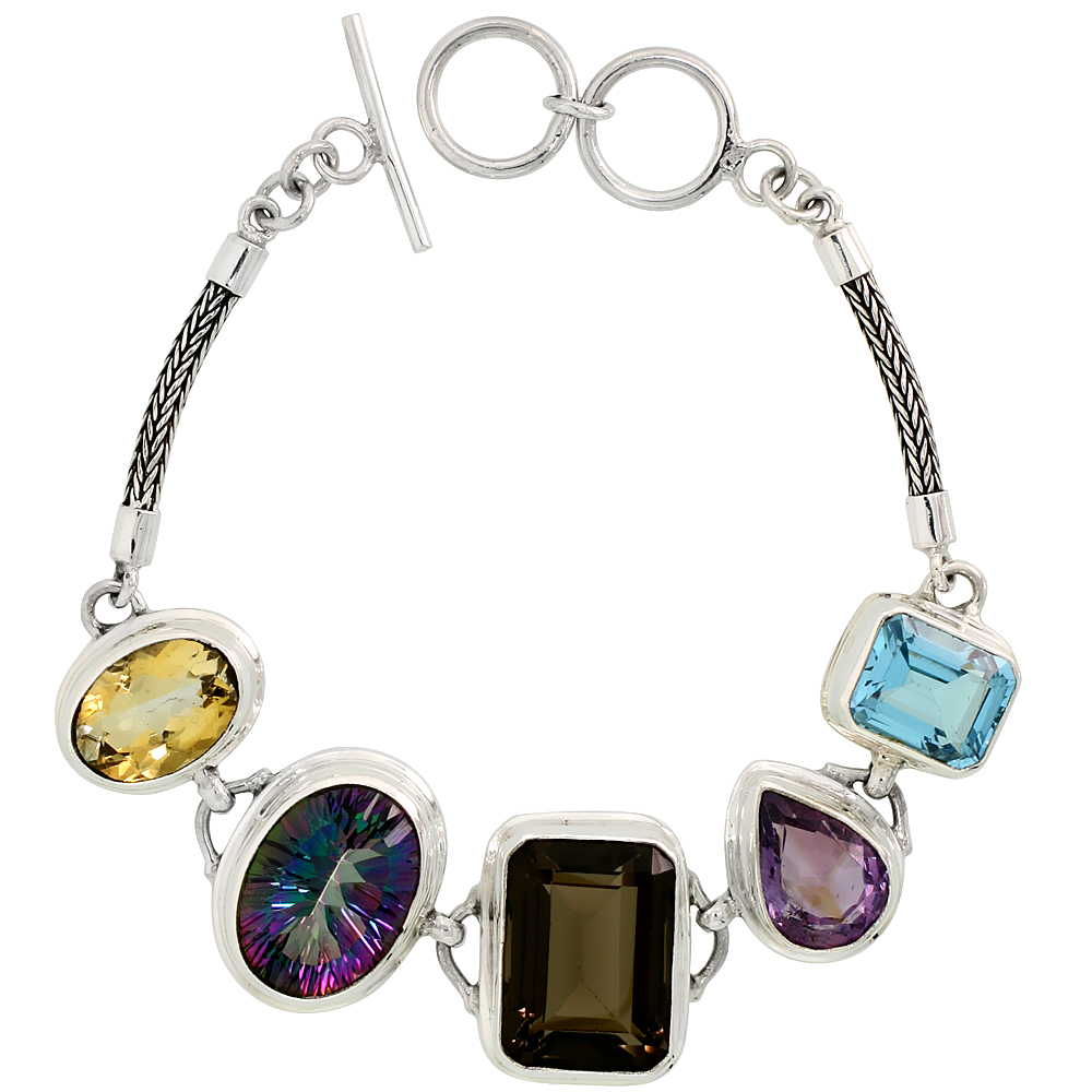 Sterling Silver Bali Style Byzantine Toggle Bracelet, w/ Emerald Cut 19x14mm Smoky Topaz, Oval Cut 19x14mm Mystic Topaz, Pear Cut 15x11mm Amethyst, Oval Cut 15x11mm Citrine &amp; Emerald Cut 13x11mm Blue Topaz (ALL NATURAL STONES), 13/16&quot; (21 mm) wide