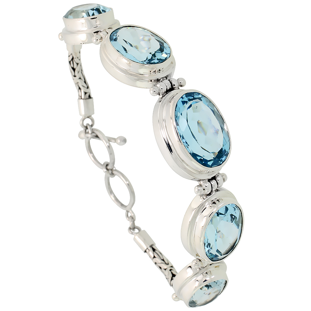 Sterling Silver Bali Style Byzantine Toggle Bracelet, w/ one 19x14mm, two 17x13mm &amp; two 15x11mm Oval Cut Natural Blue Topaz Stones, 5/8&quot; (16 mm) wide
