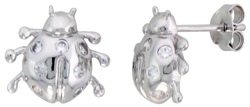 Sterling Silver Jeweled Ladybug Post Earrings, w/ Cubic Zirconia stones, 7/16" (11 mm)