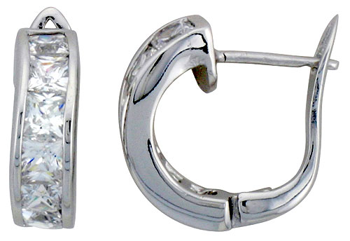 Sterling Silver Small Hoop Earrings Channel Set Square CZ, 5/8 in. 16 mm