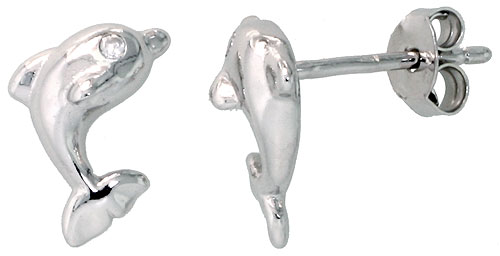 Sterling Silver Jeweled Dolphin Post Earrings, w/ Cubic Zirconia stones, 3/8" (9 mm)