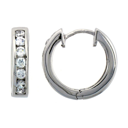 Sterling Silver Hoop Earrings Channel Set CZ, 11/16 in. 18 mm