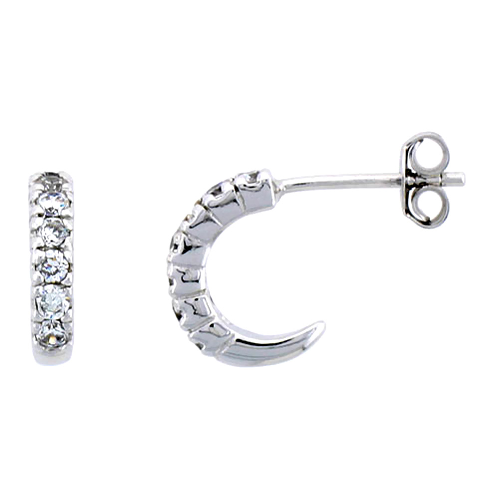 Sterling Silver Half Hoop Earrings w/ Brilliant Cut CZ Stones, 1/2" (12 mm) tall