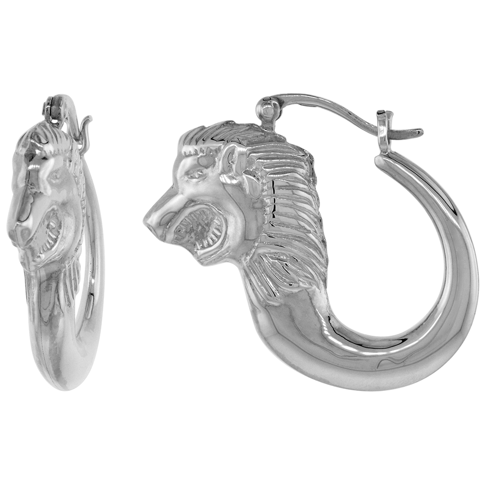 Medium 1 1/2 inch Sterling Silver Lion Head Hoop Earrings for Women Click Top High Polished