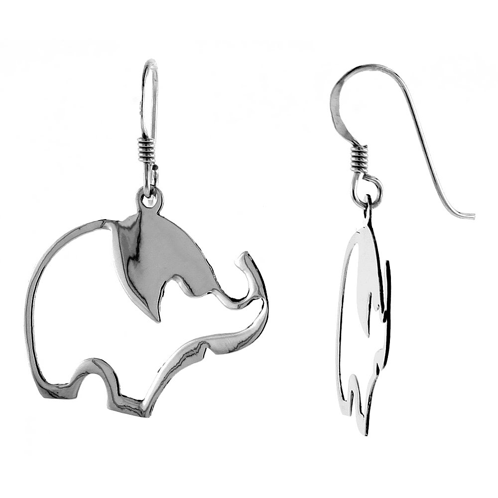 Sterling Silver Elephant Cut Out French Ear Wire Dangle Earrings, 1 7/16" (36 mm) tall