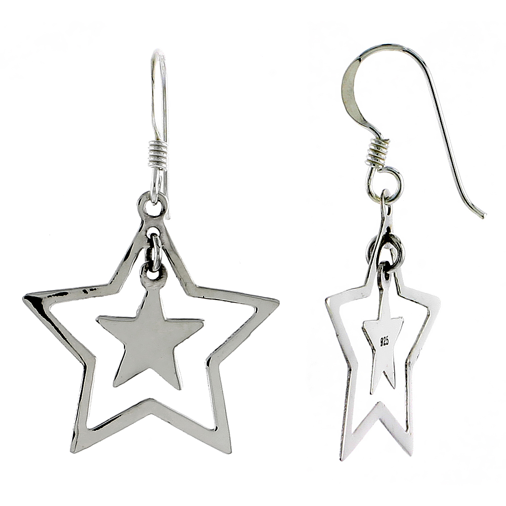 Sterling Silver Double Star French Ear Wire Dangle Earrings, 1 1/2" (38 mm) tall