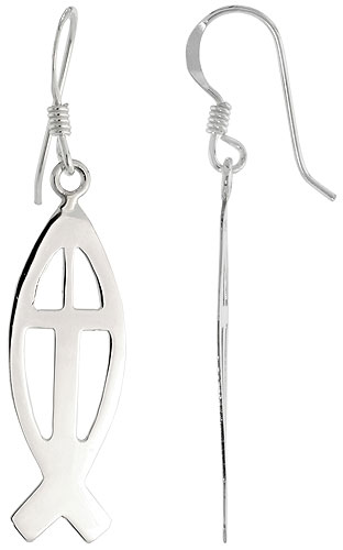 Sterling Silver Christian Fish Cut Out Dangle Earrings, 1 1/4&quot; (31 mm) tall