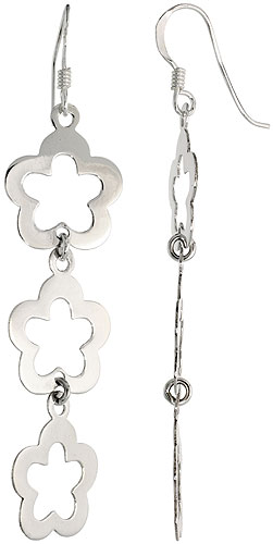 Sterling Silver Triple Flower Cut Out Dangle Earrings, 2&quot; (51 mm) tall
