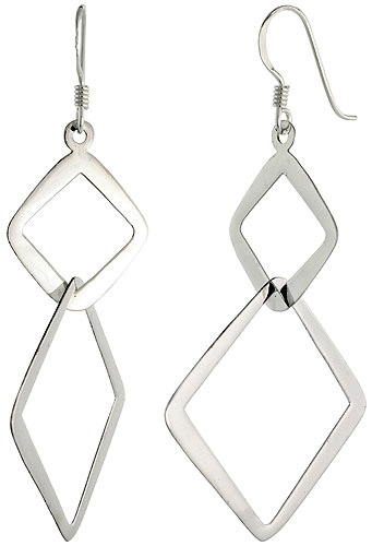 Sterling Silver Double Diamond Cut Outs Dangle Earrings, 1 3/4&quot; (45 mm) tall