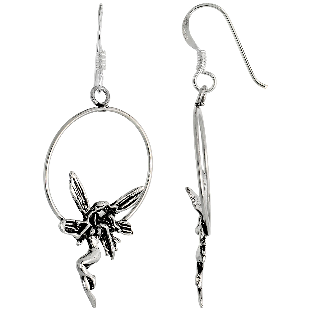 Sterling Silver Fairy on Wreath Dangle Earrings, 1 6/16&quot; (35 mm) tall