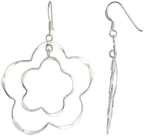 Sterling Silver Double Flower Cut Out Dangle Earrings, 1 9/16&quot; (40 mm) tall