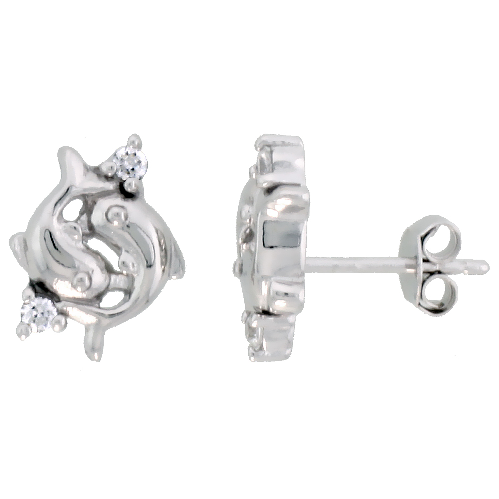 Sterling Silver Jeweled Dolphin Post Earrings, w/ Cubic Zirconia stones, 7/16" (12 mm)
