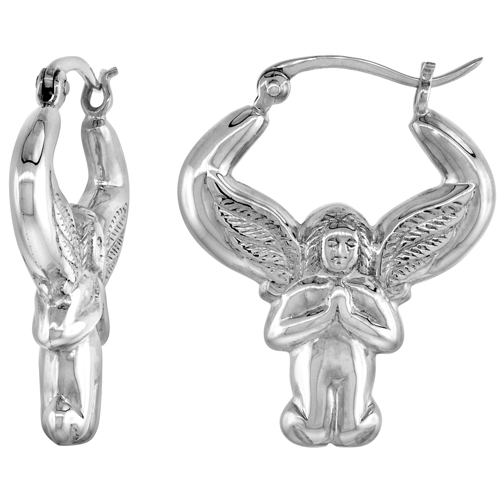 Sterling Silver Small Praying Angel Hoop Earrings for Women Click Top High Polished 1 inch