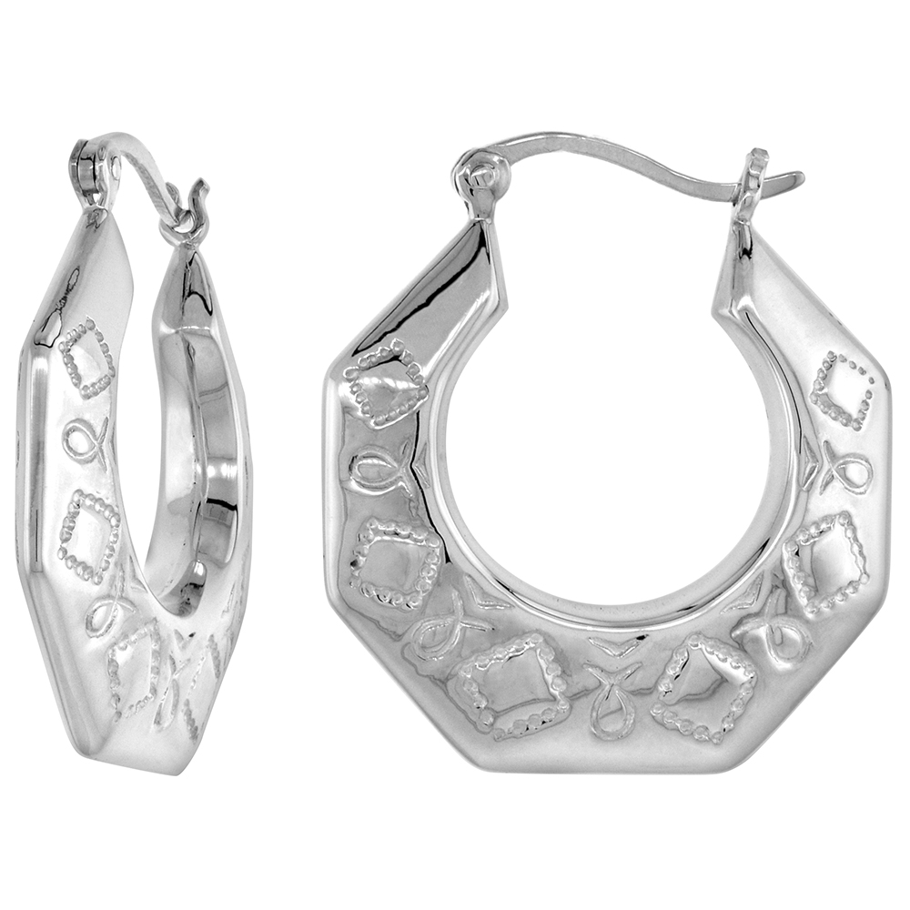 Sterling Silver Large Squares &amp; Christian Fish Hoop Earrings for Women Click Top High Polished 1 inch