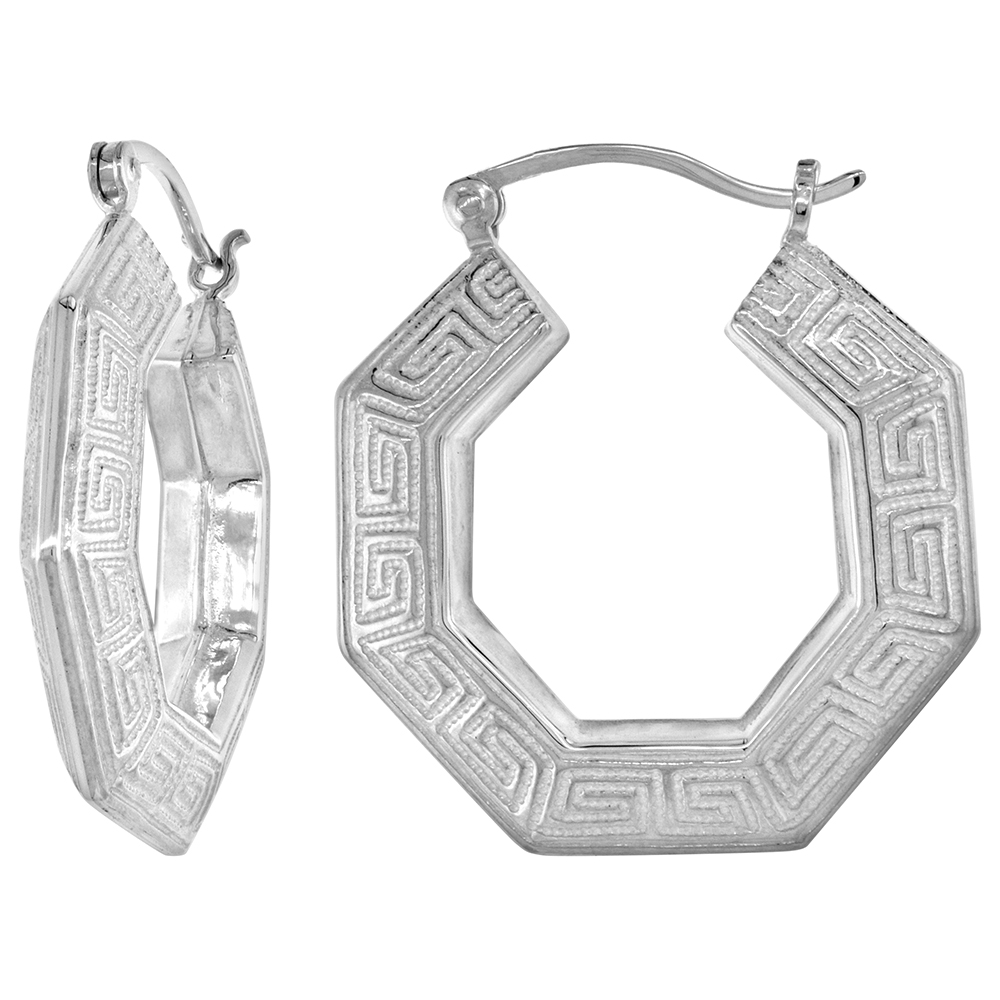 Sterling Silver Large Greek-key Hoop Earrings for Women Click Top High Polished 1 1/8 inch