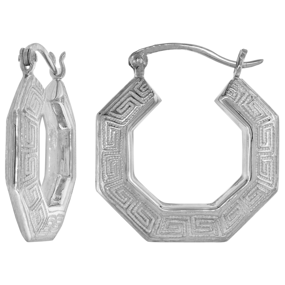 Sterling Silver Medium Greek-key Hoop Earrings for Women Click Top High Polished 1 inch