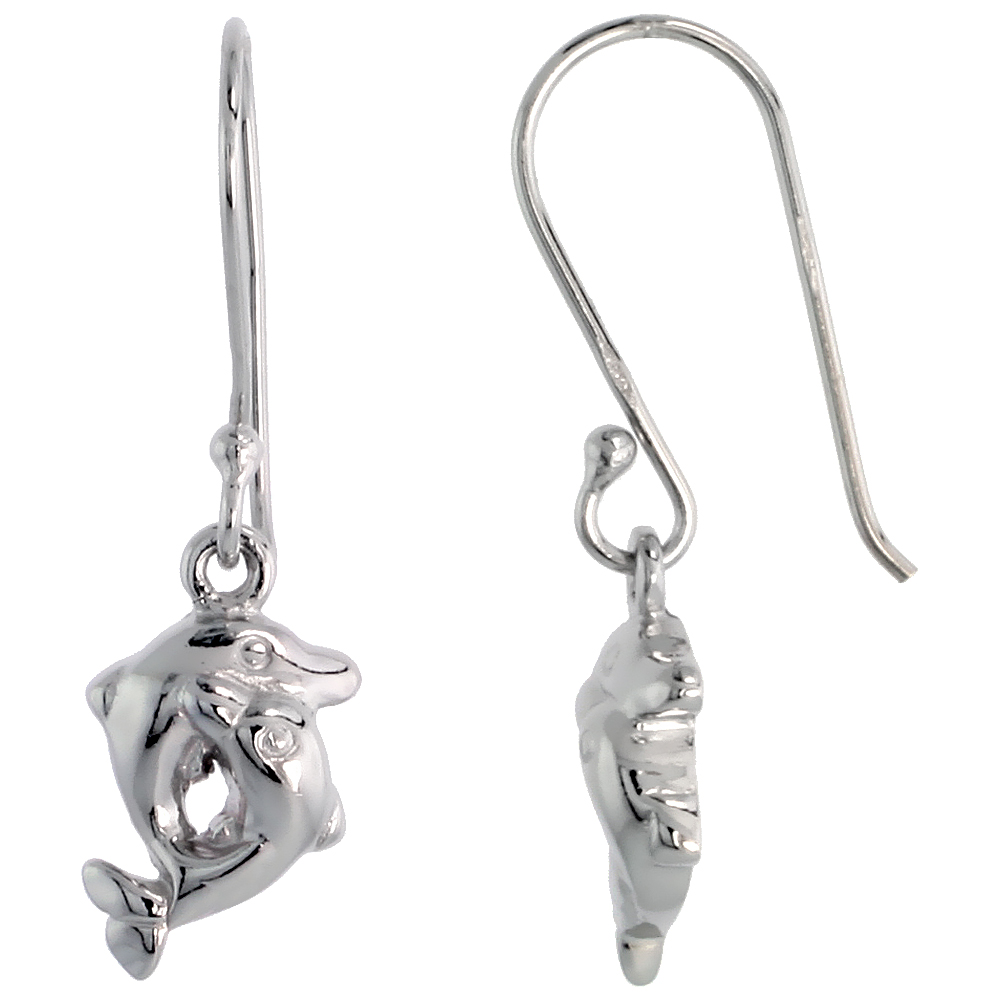 Sterling Silver Jeweled Kissing Dolphins Post Earrings, w/ Cubic Zirconia stones, 7/16" (12 mm)