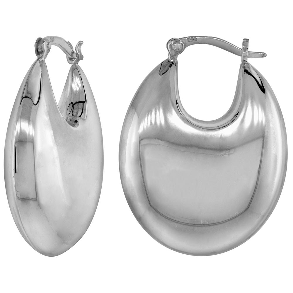 Sterling Silver Oval Puffy Hoop Earrings for Women Click Top High Polished 1 1/4 inch