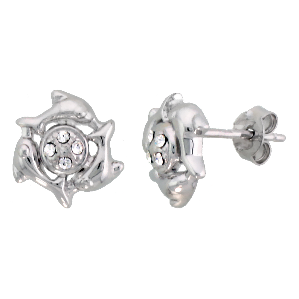 Sterling Silver Jeweled Dolphin Post Earrings, w/ Cubic Zirconia stones, 7/16" (11 mm)