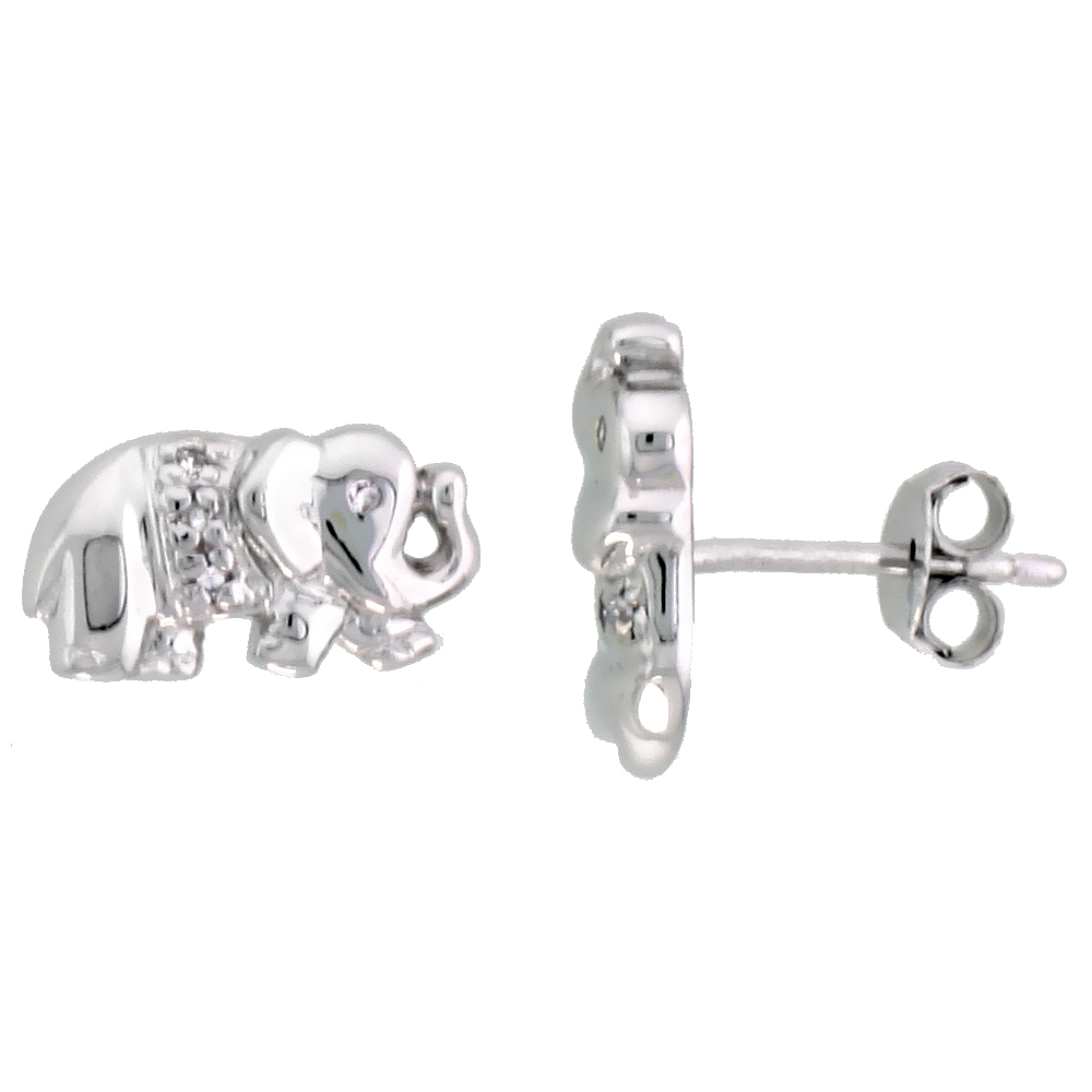 Sterling Silver Jeweled Elephant Post Earrings, w/ Cubic Zirconia stones, 1/4" (7 mm)