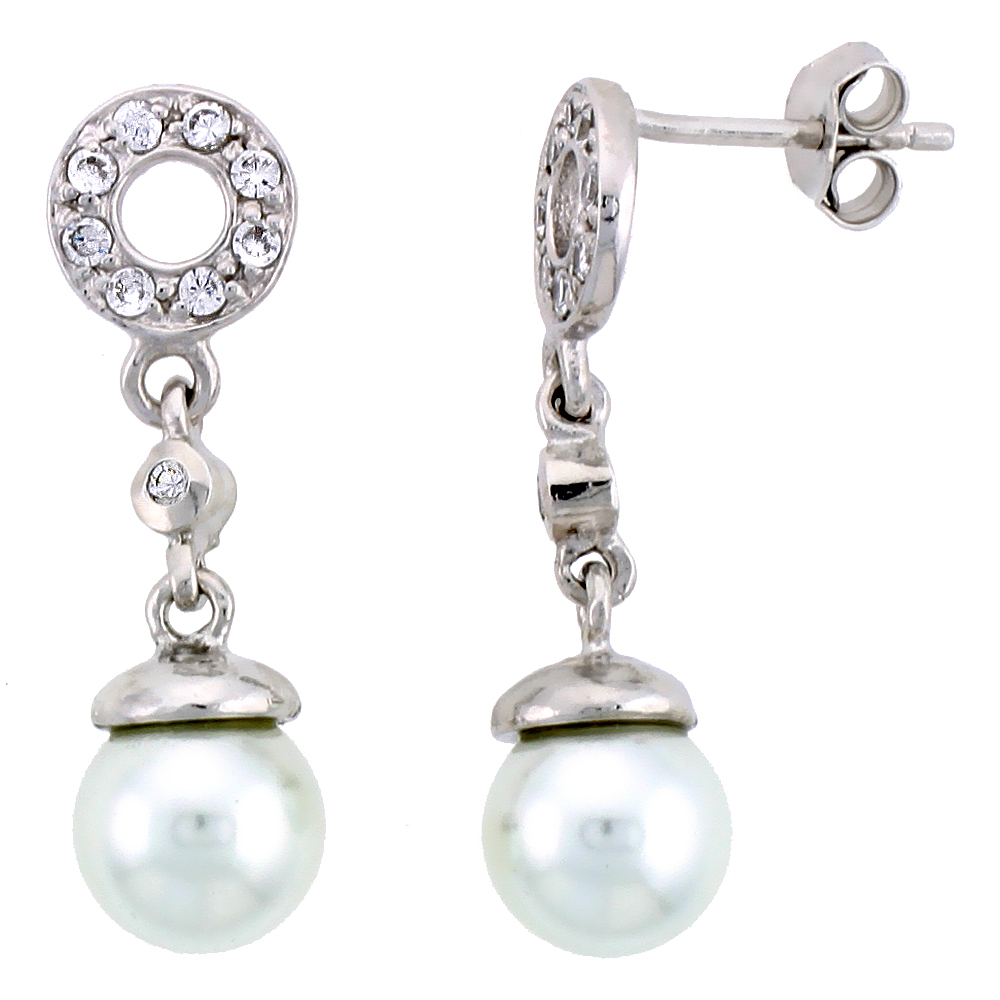Sterling Silver Jeweled Post Earrings w/ Faux Pearls &amp; Cubic Zirconia, 1 1/8&quot; (28 mm)
